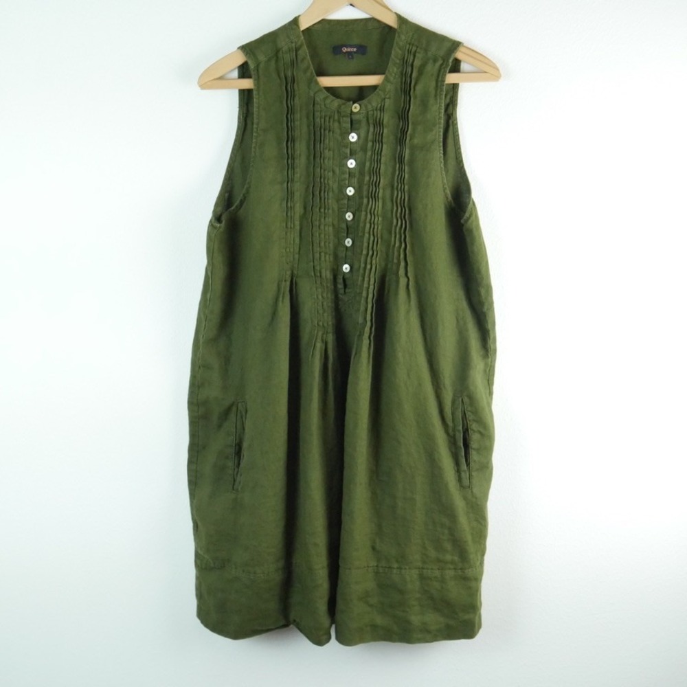 Quince European Linen Sleeveless Swing Dress Bayberry Olive Pintuck Large Shift